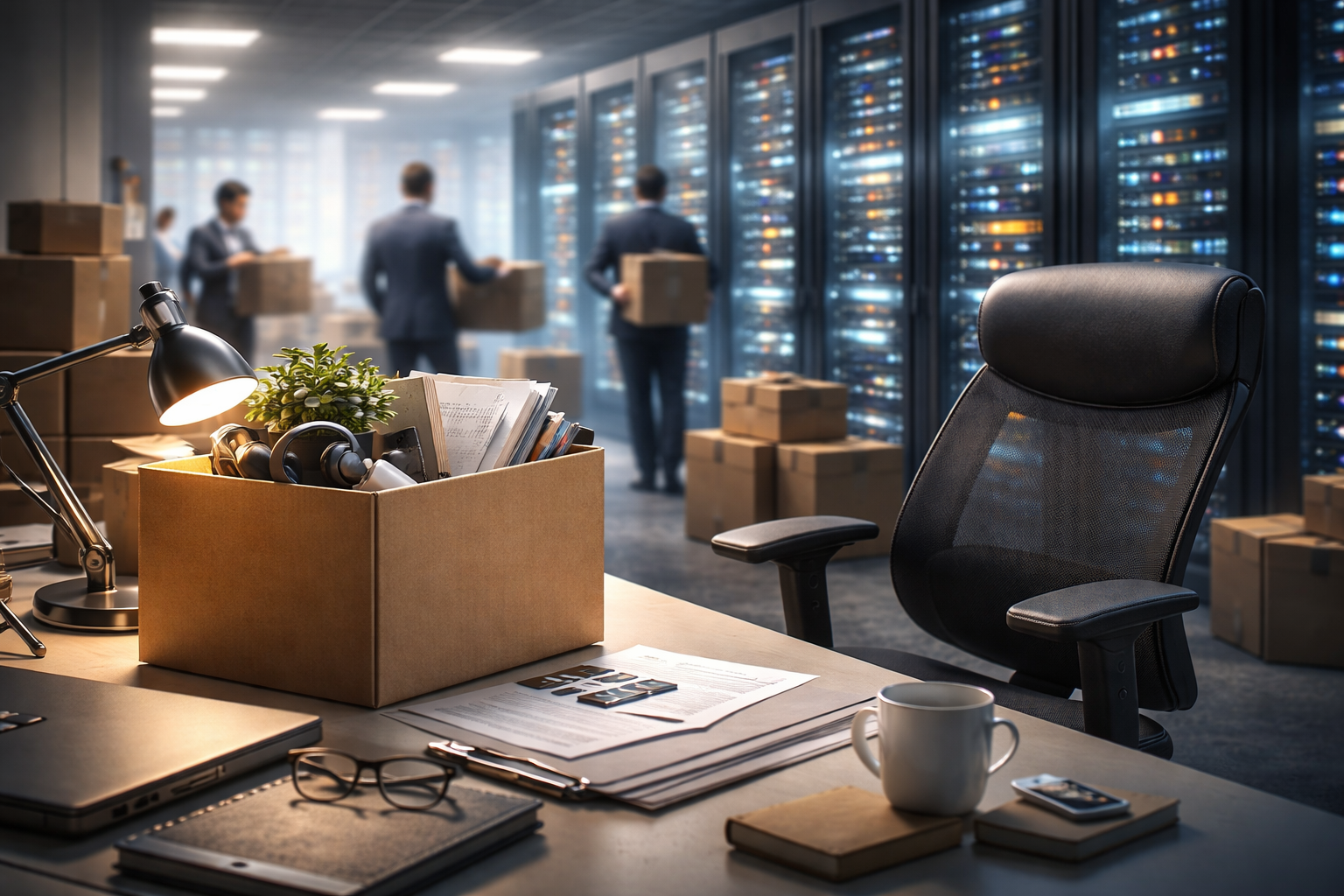 Photorealistic office scene with an empty chair and a box of personal belongings in the foreground, while employees carrying boxes walk past illuminated server racks in the background, symbolizing tech layoffs tied to rising AI data-center investment.