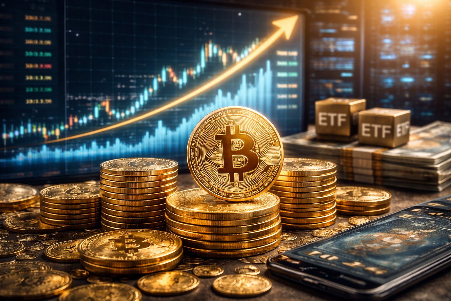 Photorealistic financial scene showing stacked gold-colored Bitcoin coins in the foreground, with an upward-trending market chart, bundled cash, and symbolic ETF blocks in the background, representing renewed institutional inflows into spot Bitcoin funds.