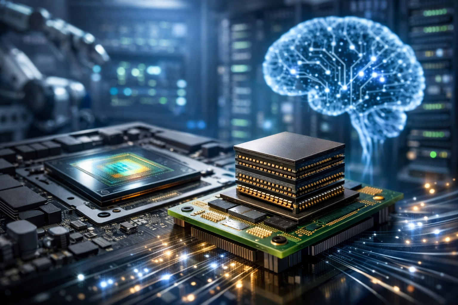 Close-up of stacked high-bandwidth memory chips mounted beside an advanced processor on a circuit board, with blurred data center servers and AI-themed lighting in the background.