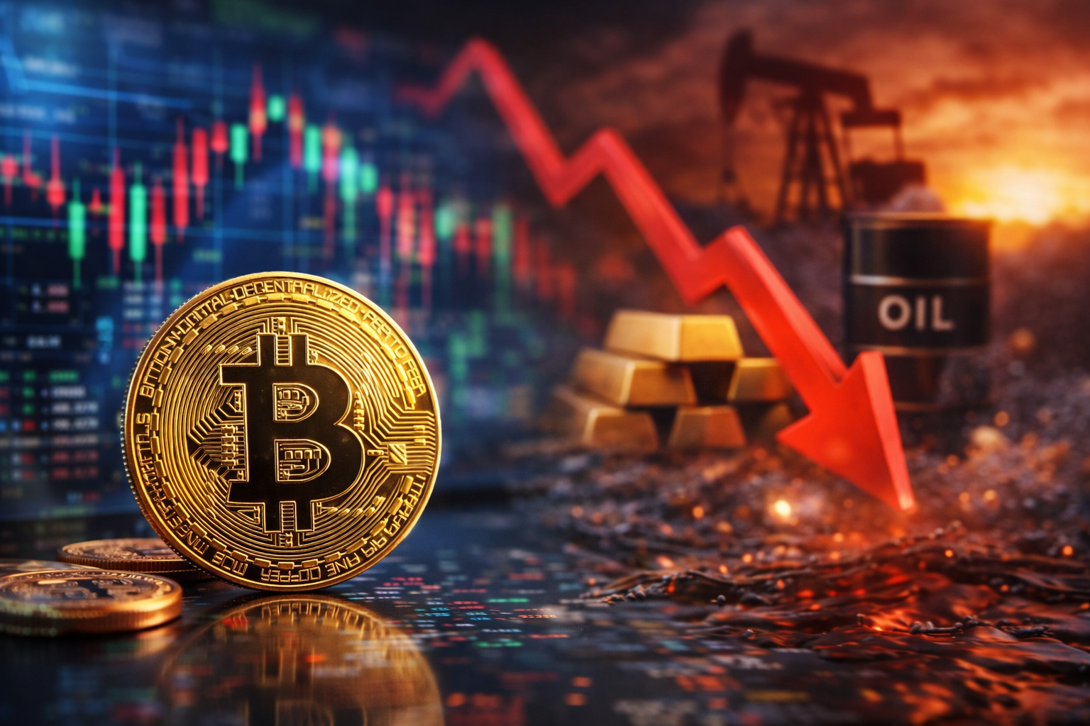 Photorealistic close-up of a Bitcoin coin with a falling red market line, blurred trading screens, gold bars, and an oil barrel in the background.