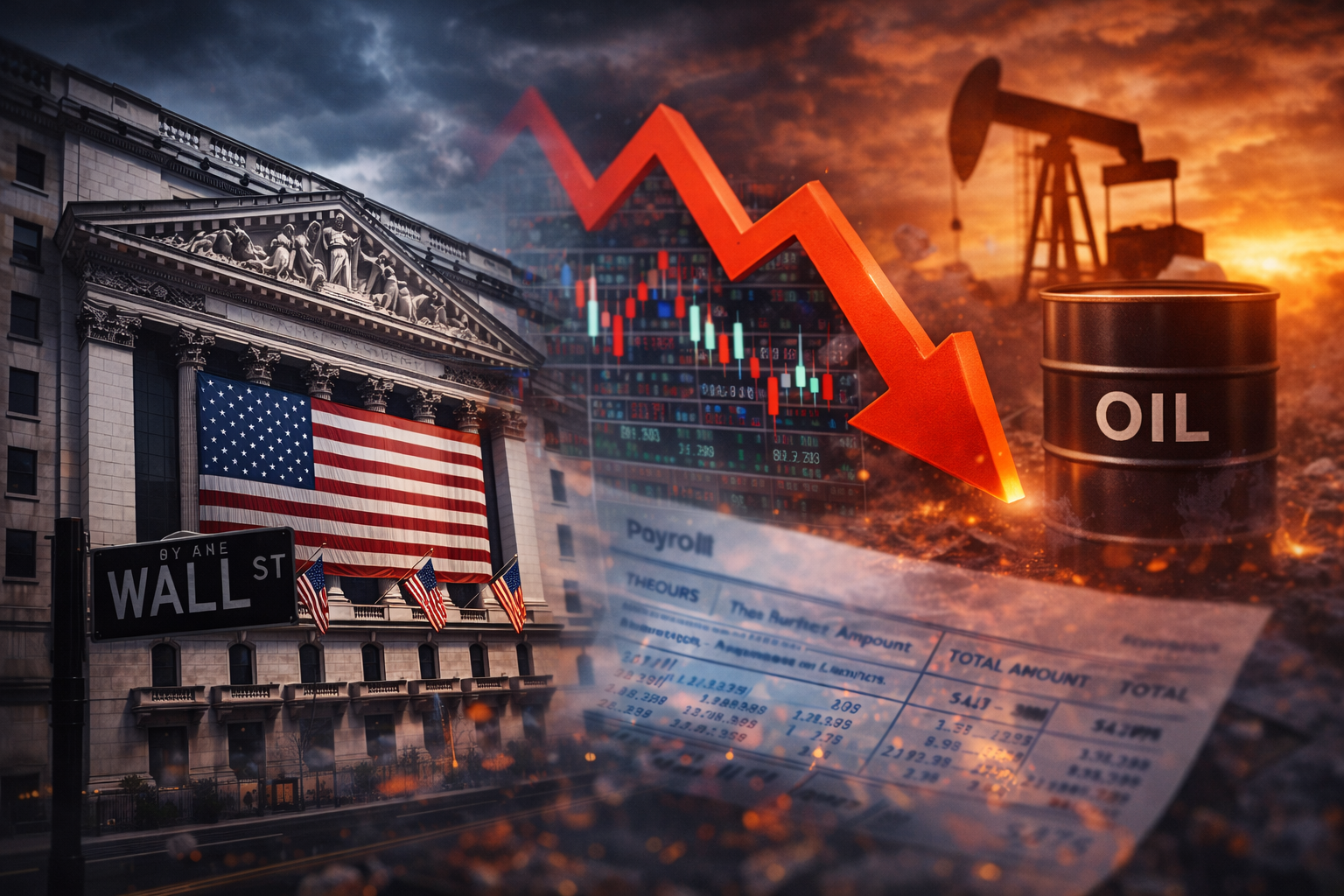 Photorealistic composite of the New York Stock Exchange, a falling market arrow, an oil barrel, an oil pumpjack, and blurred payroll data under a dramatic sky.