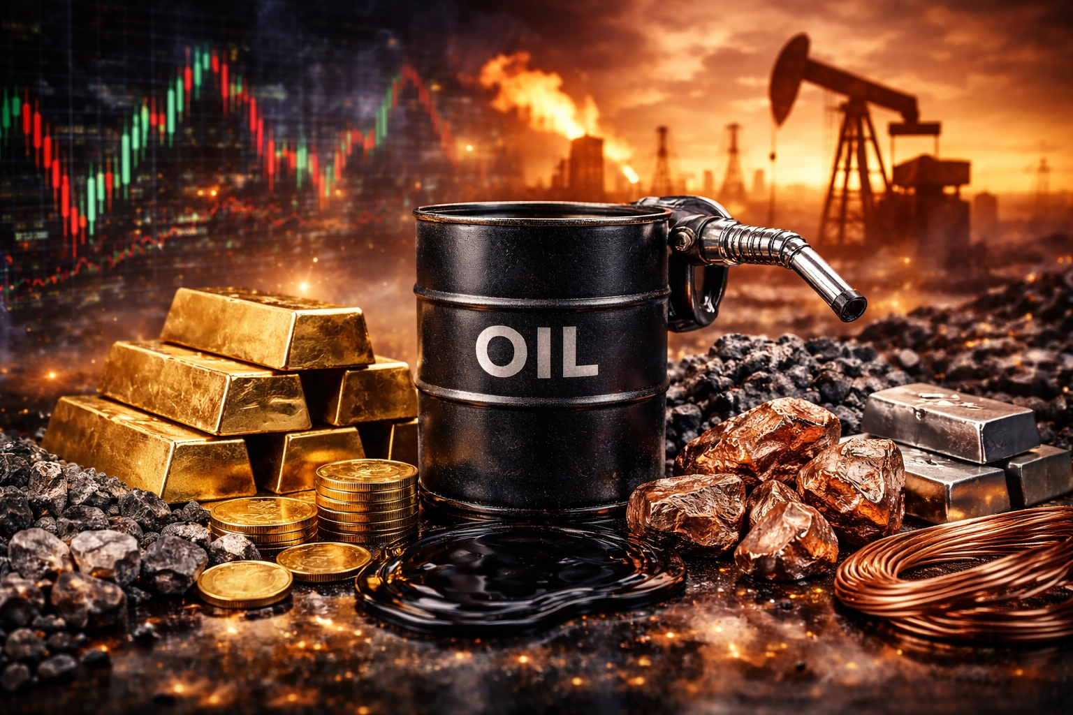 Photorealistic close-up of an oil barrel surrounded by gold bars, copper, silver, crude oil, and industrial mining materials, with refinery flames, a pumpjack, and rising market charts in the background.