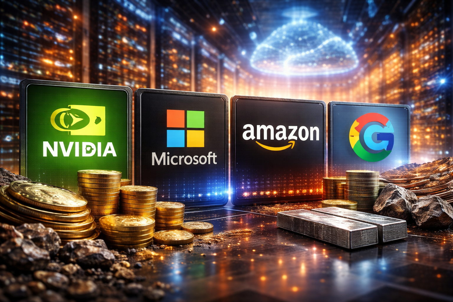 Photorealistic scene of glowing cloud and AI-themed technology panels inside a data center, surrounded by coins and industrial materials to symbolize institutional investment in major tech infrastructure companies.