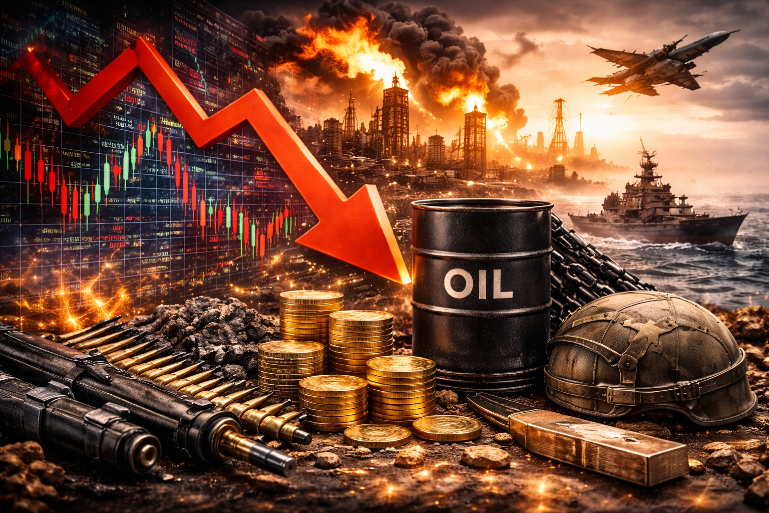 Photorealistic symbolic scene of global market stress featuring oil infrastructure, financial market graphics, and security-themed industrial elements under a tense sky.