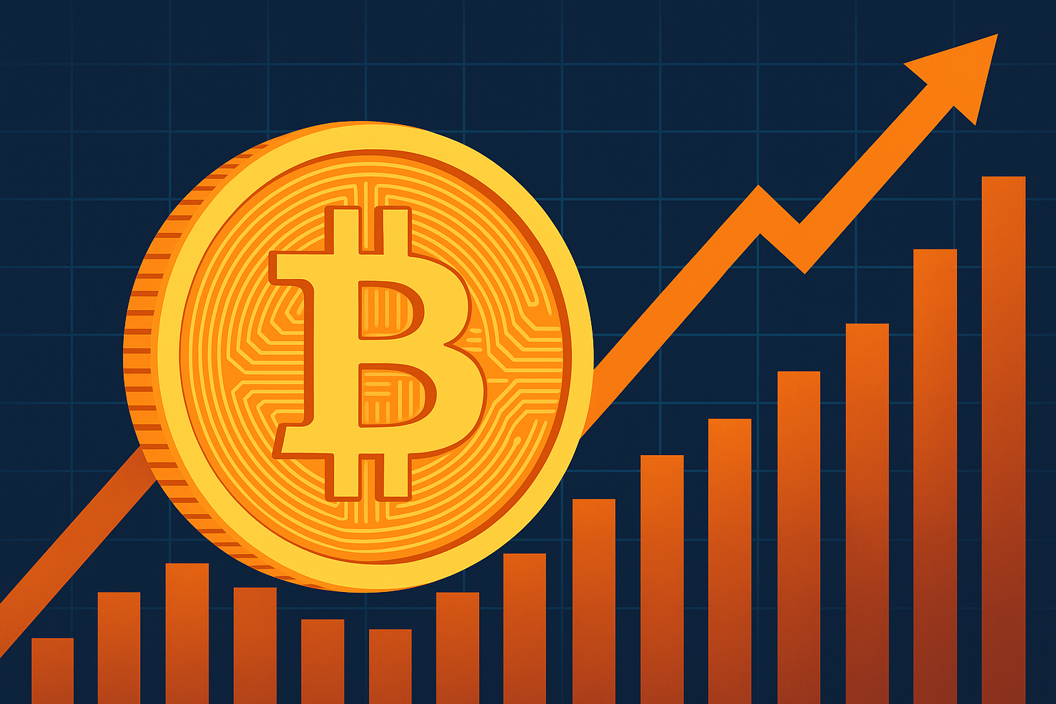 A symbolic illustration of a large Bitcoin coin in front of a rising financial chart with orange bars and an upward arrow.