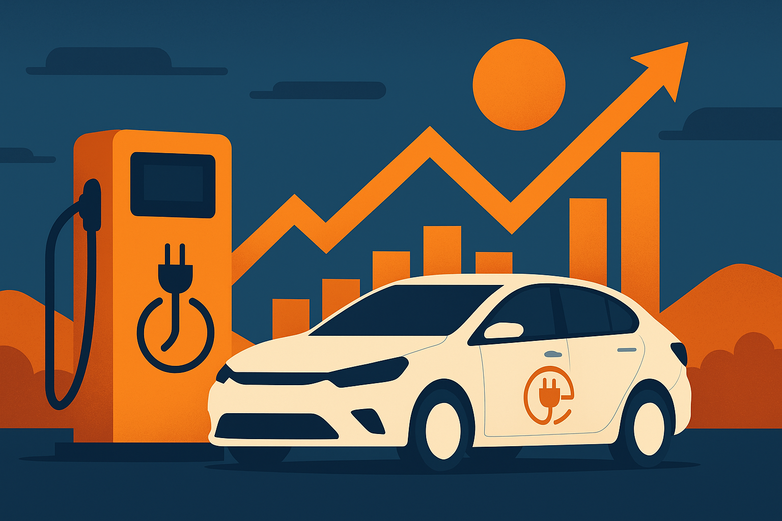 An electric car plugged into an orange EV charging station with a rising bar chart and upward arrow in the background, symbolizing industry growth.