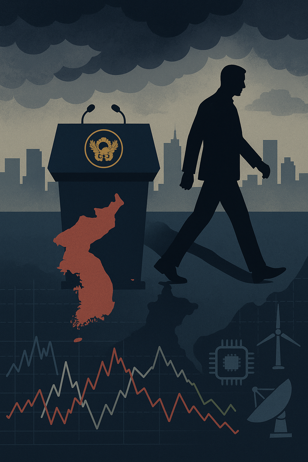 A symbolic digital illustration showing a suited figure walking away from a South Korean presidential podium, with a red map of Korea, stormy skies, financial graphs, and tech sector symbols like a chip and wind turbine, reflecting political uncertainty.