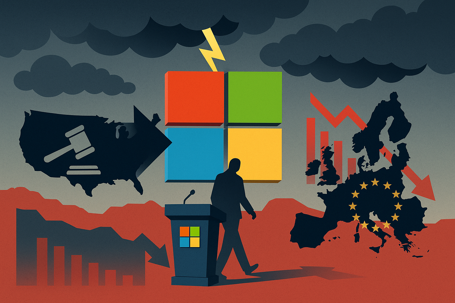 A symbolic digital illustration of Microsoft caught between U.S. and EU regulatory pressures, with a stormy backdrop, the Microsoft logo at the center, a gavel over the U.S. map, EU stars over Europe, and declining graphs symbolizing trade and tech tension.