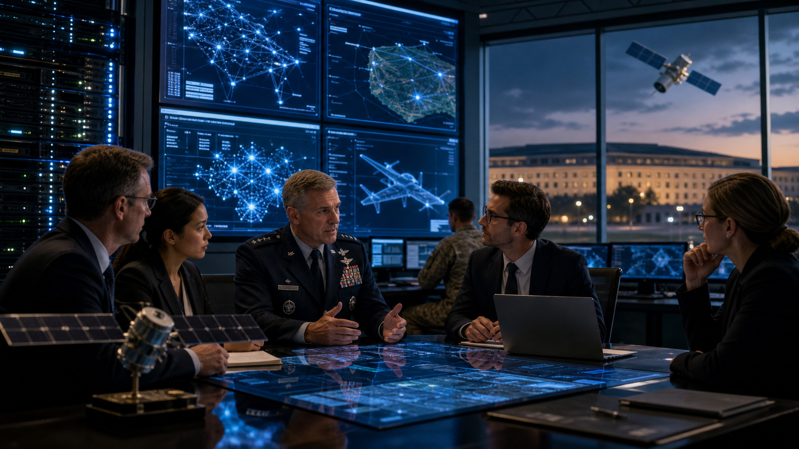 Military officer and technology executives reviewing AI defense systems in a secure command center near the Pentagon.