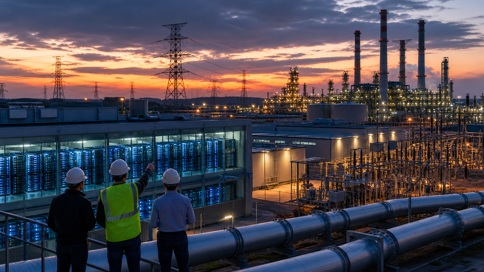 Engineers overlooking a data center, natural gas pipelines, power lines, and an industrial energy facility at dusk.