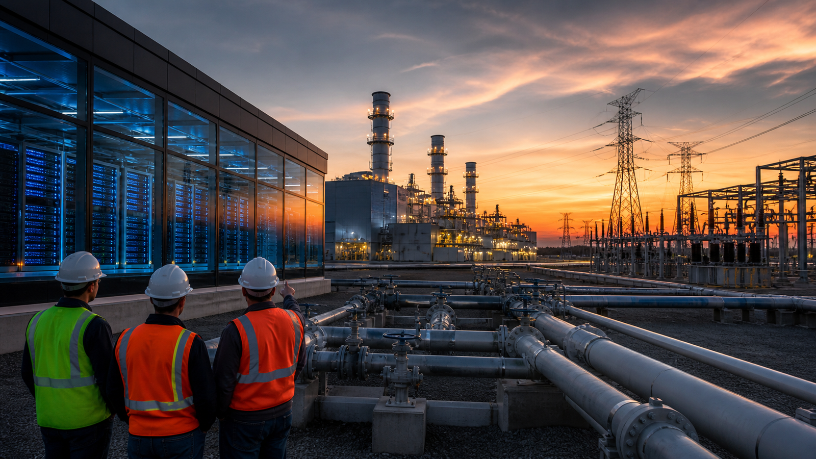 Engineers in hard hats overlooking blue-lit data center servers, natural gas pipelines, power lines, and an energy plant at sunset.