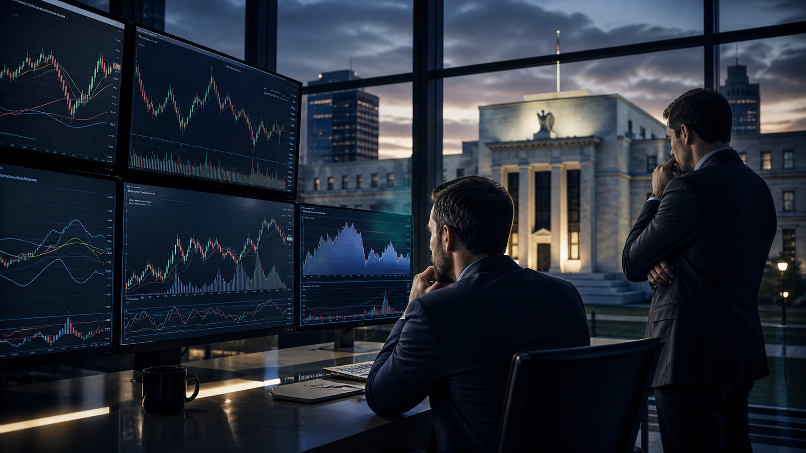 Market analysts watching volatile trading charts from an office overlooking a Federal Reserve-style building at dusk.