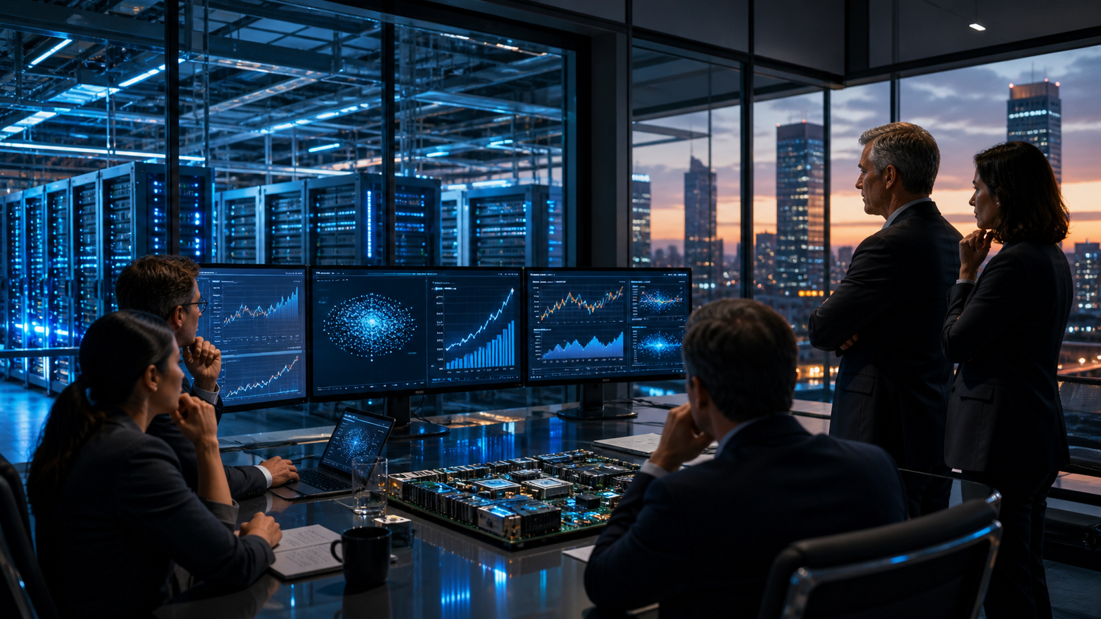 Technology executives reviewing AI investment charts in a glass-walled boardroom overlooking blue-lit data center servers.