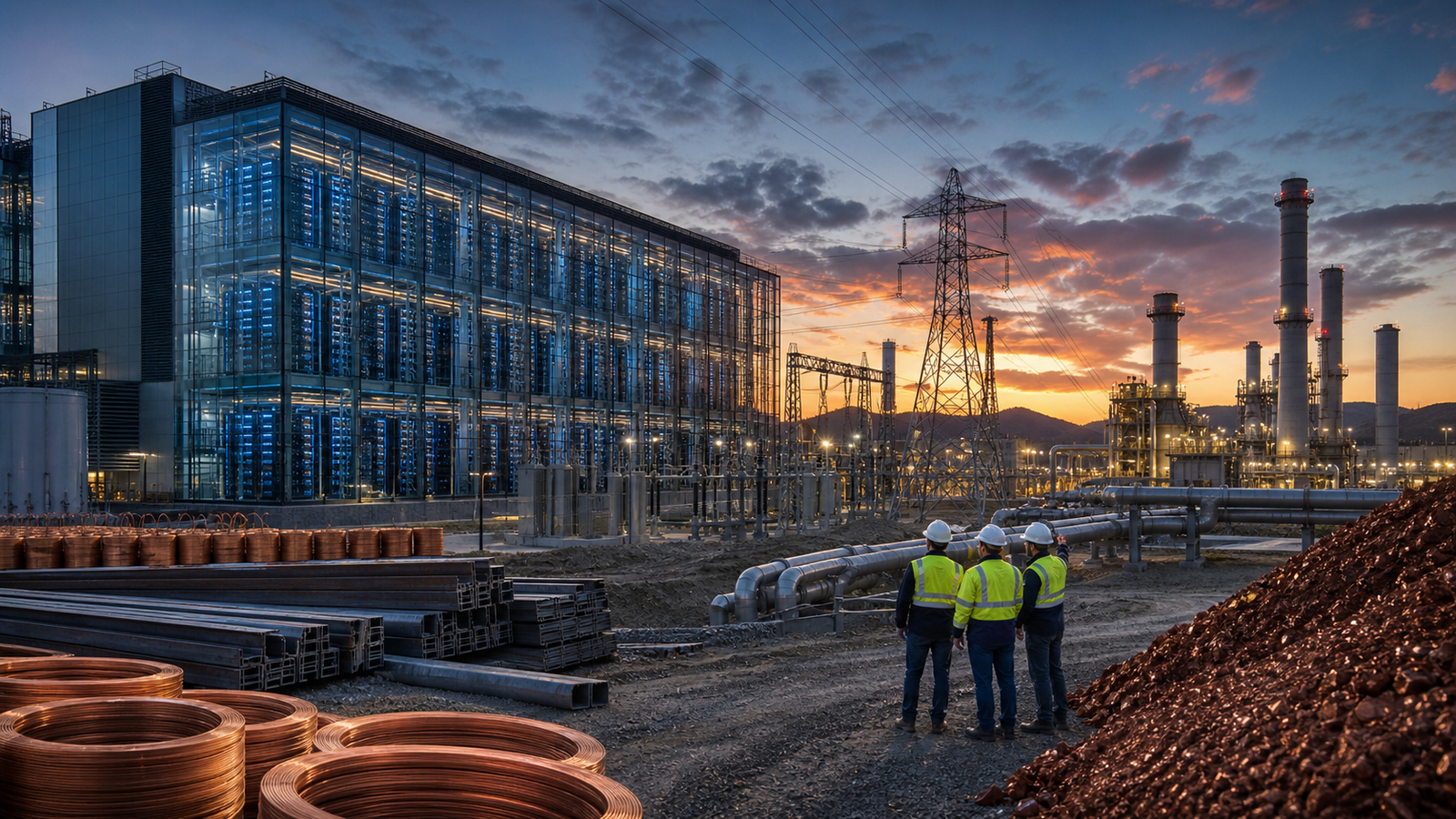 Engineers observing a blue-lit data center, power lines, natural gas pipelines, copper coils, steel beams, and an industrial energy plant at dusk.