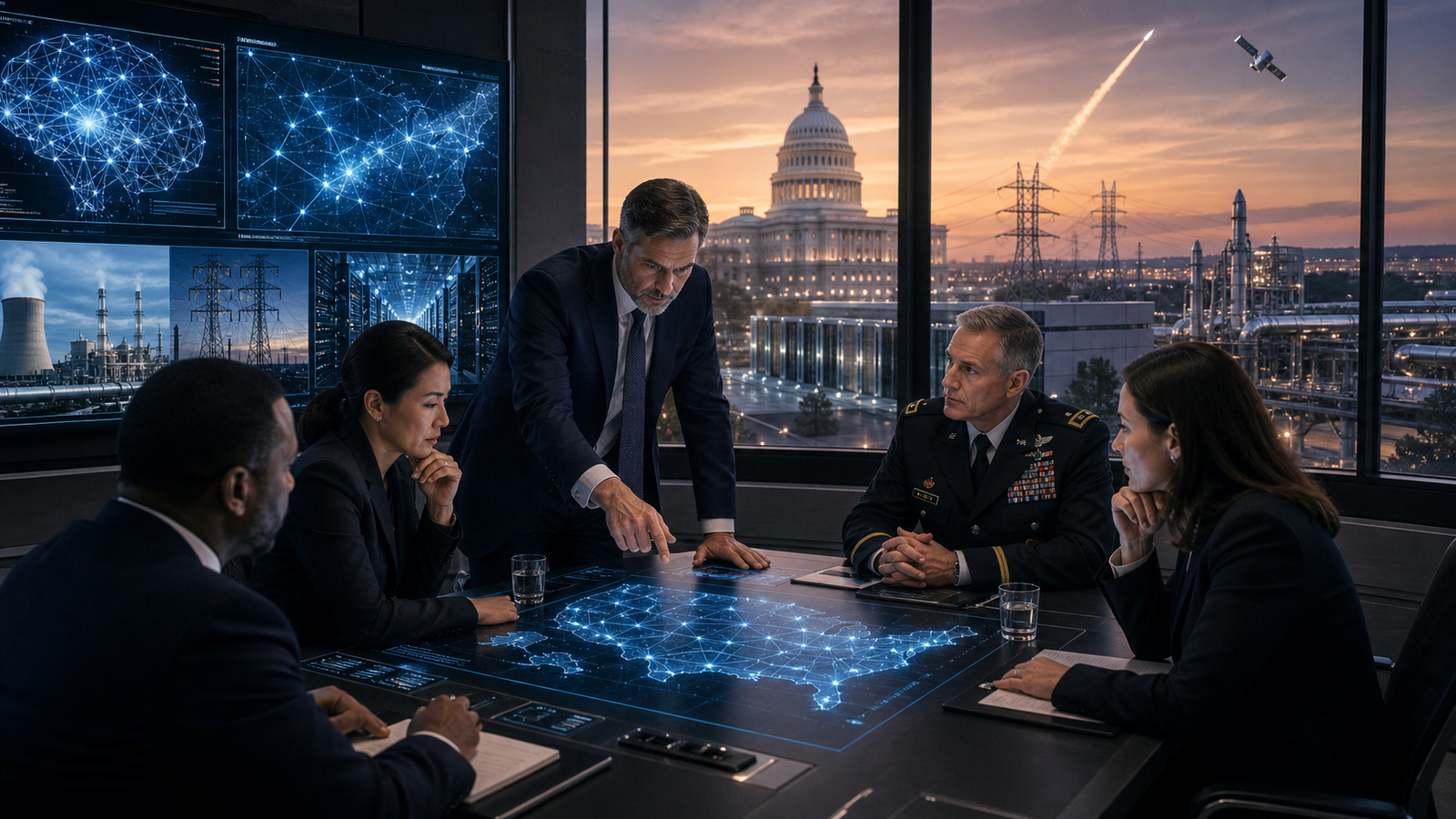 Government, military, and technology leaders reviewing AI networks and energy infrastructure in a secure Washington strategy room.
