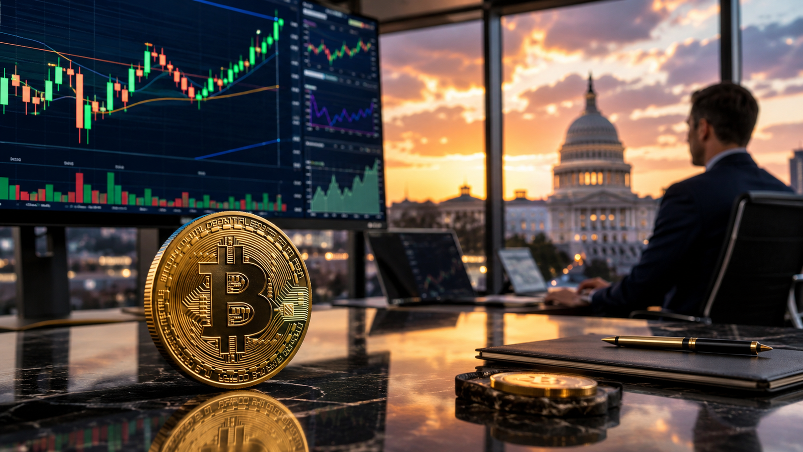 ChatGPT Image May 11, 2026, 06 Gold Bitcoin coin on a polished trading desk with market charts and the U.S. Capitol visible in the background at sunset.30 07 PM