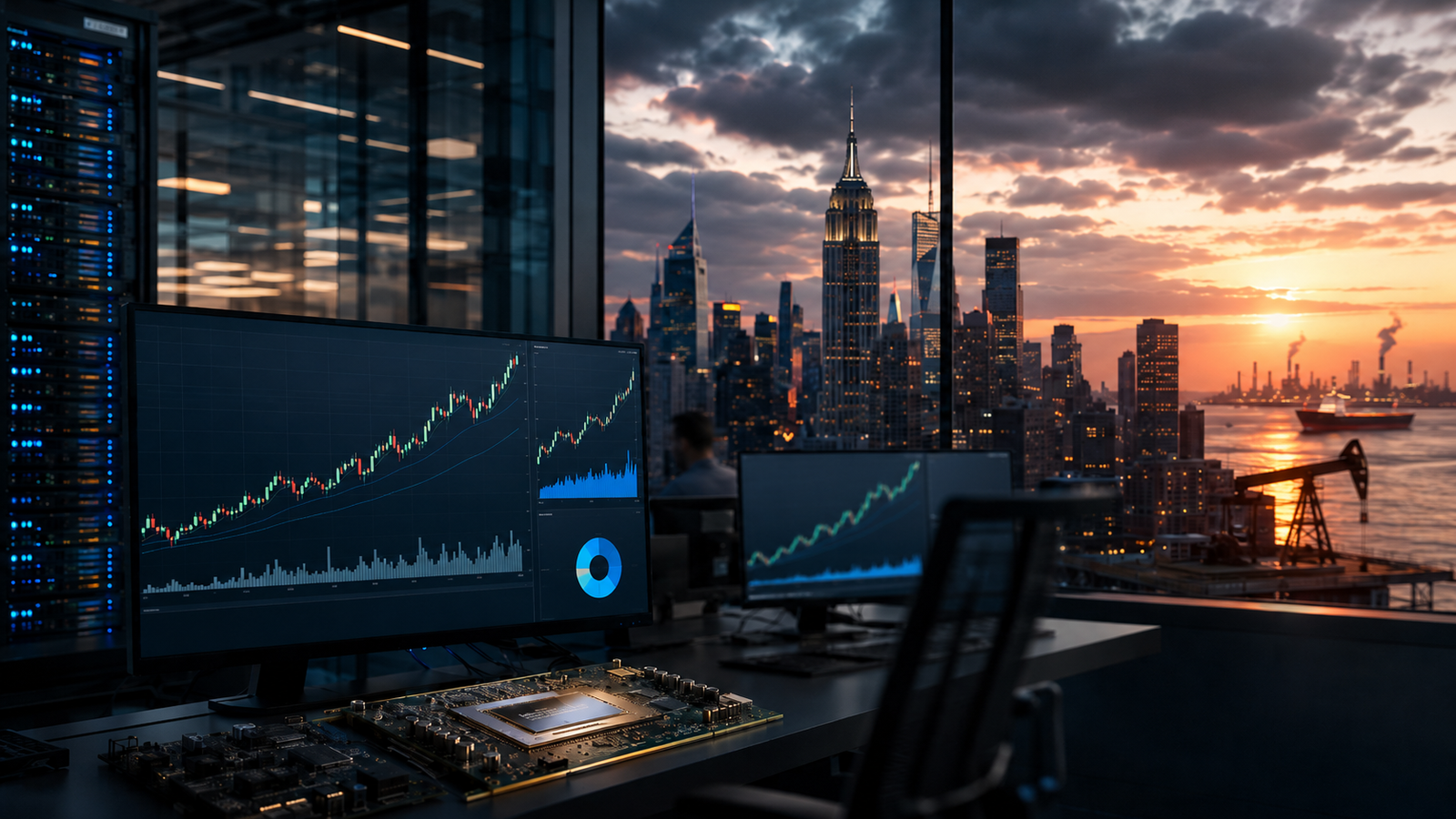 Modern trading desk with rising market charts, a semiconductor board, a city skyline and distant oil infrastructure at sunset.