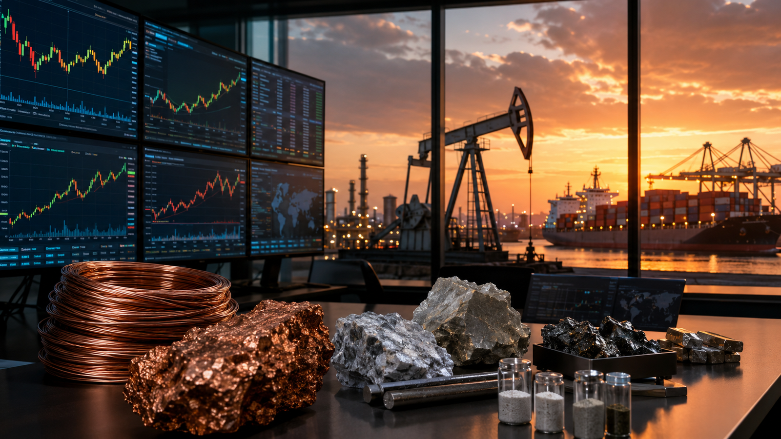 Copper coils, mineral samples and trading screens in a commodities office overlooking an oil pumpjack, refinery and cargo port at sunset.