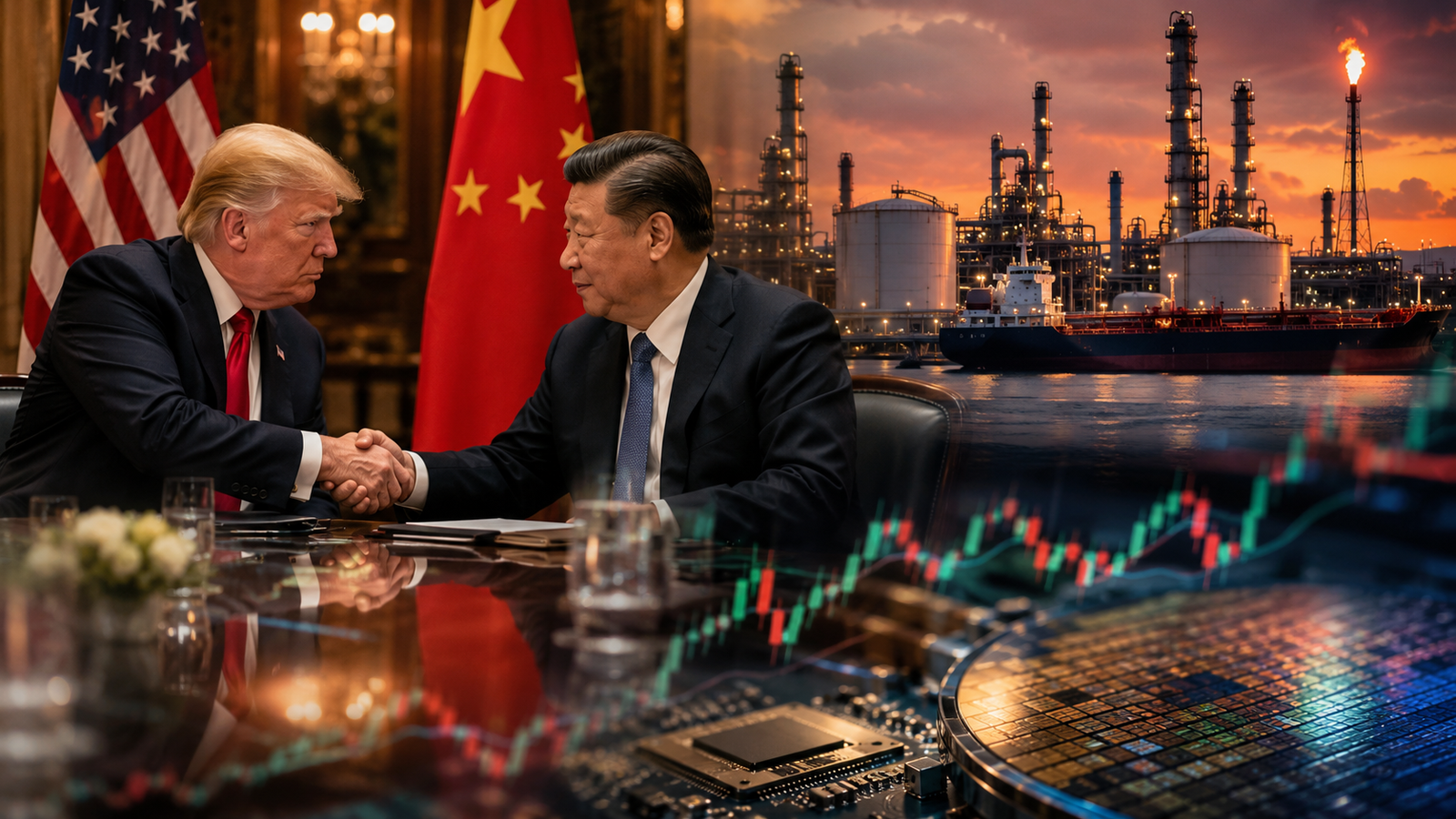 Donald Trump and Xi Jinping shake hands in a formal diplomatic setting, with U.S. and Chinese flags, oil refinery infrastructure, market chart graphics, and semiconductor imagery symbolizing geopolitical risks affecting global markets.