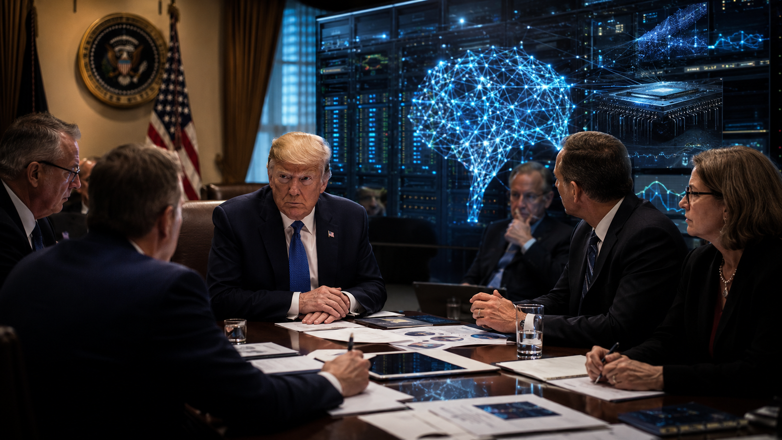 Donald Trump sits in a high-tech government briefing room with advisers, server racks, holographic AI network imagery, semiconductor visuals, and cybersecurity-style displays representing proposed oversight of advanced AI models.