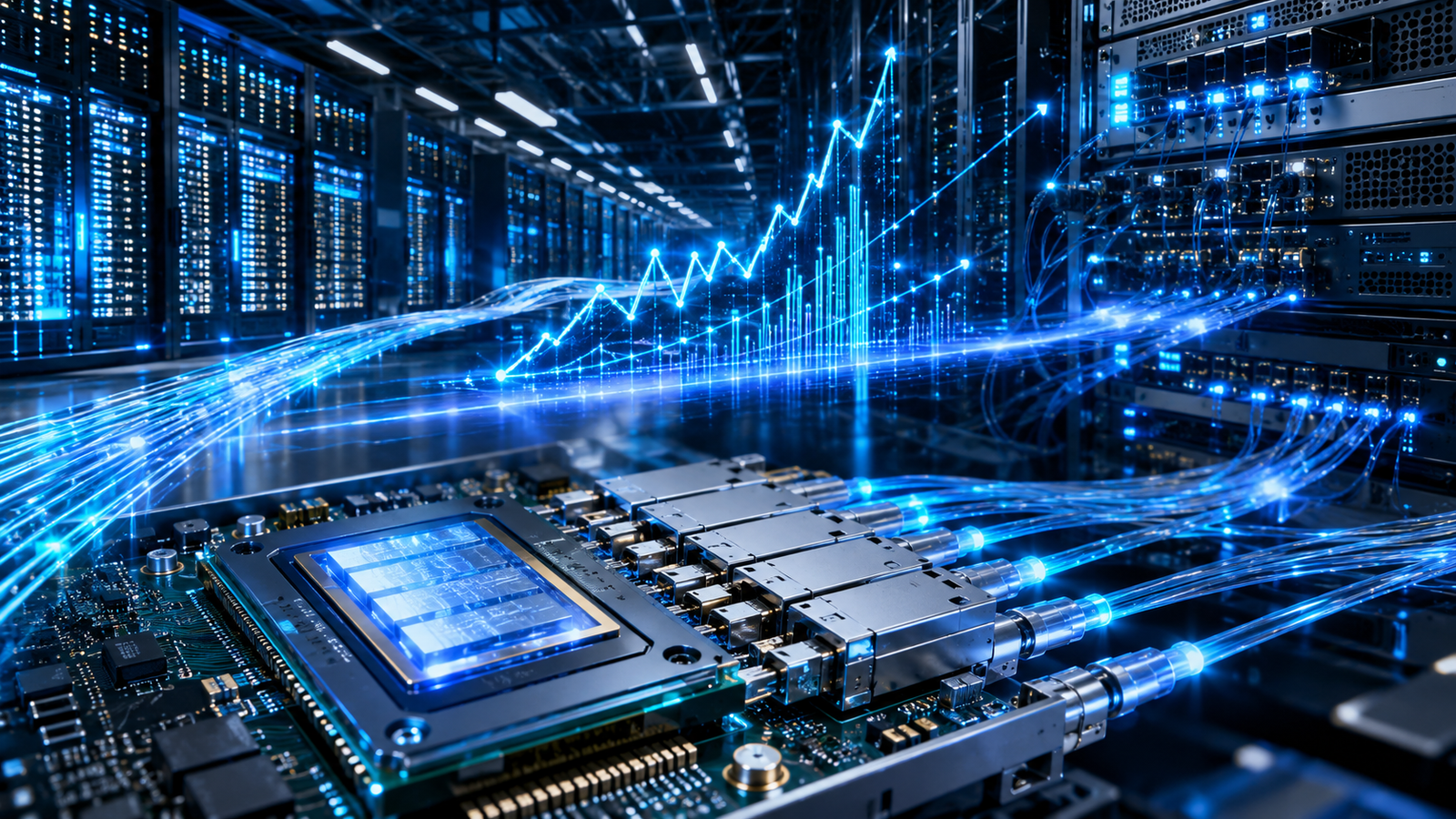A futuristic AI data center with glowing fiber-optic cables, optical networking hardware, server racks, semiconductor components, and an abstract rising market graph made of light.