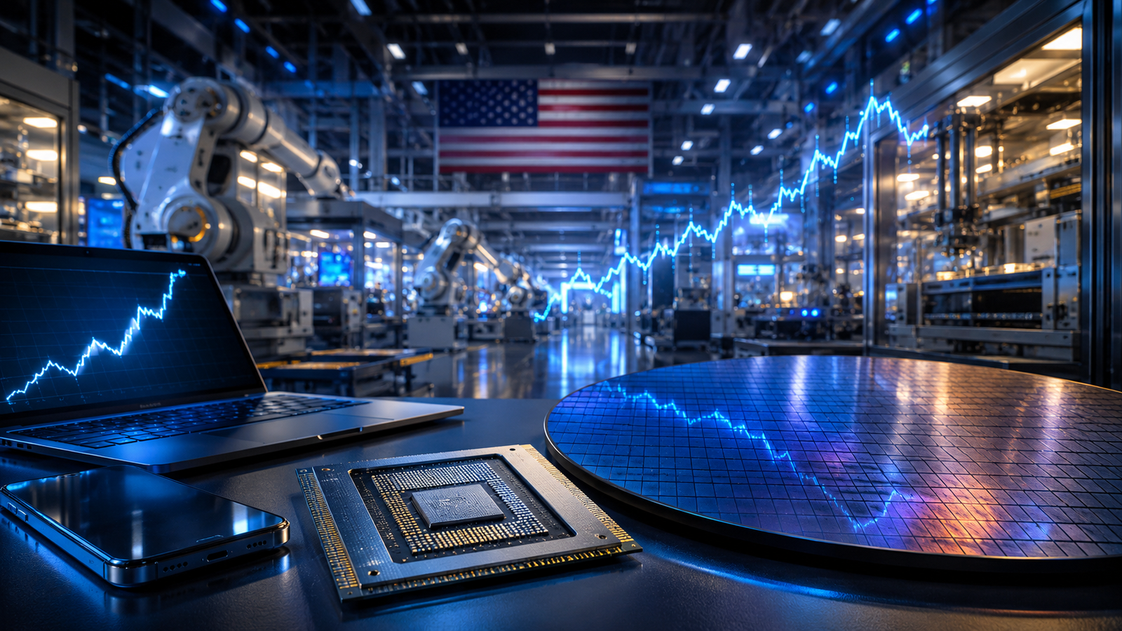 A futuristic semiconductor factory with robotic equipment, a silicon wafer, advanced chip package, smartphone, laptop, U.S. flag, and glowing upward market graph symbolizing Intel’s reported Apple manufacturing agreement.