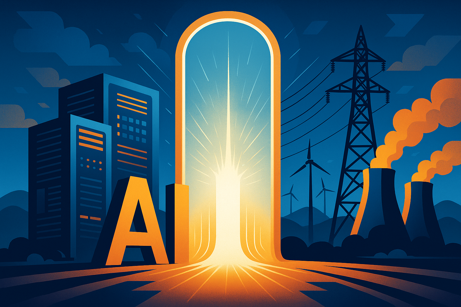 A digital illustration of a glowing portal surrounded by AI data centers, power lines, wind turbines, and cooling towers, symbolizing advanced AI and energy infrastructure.
