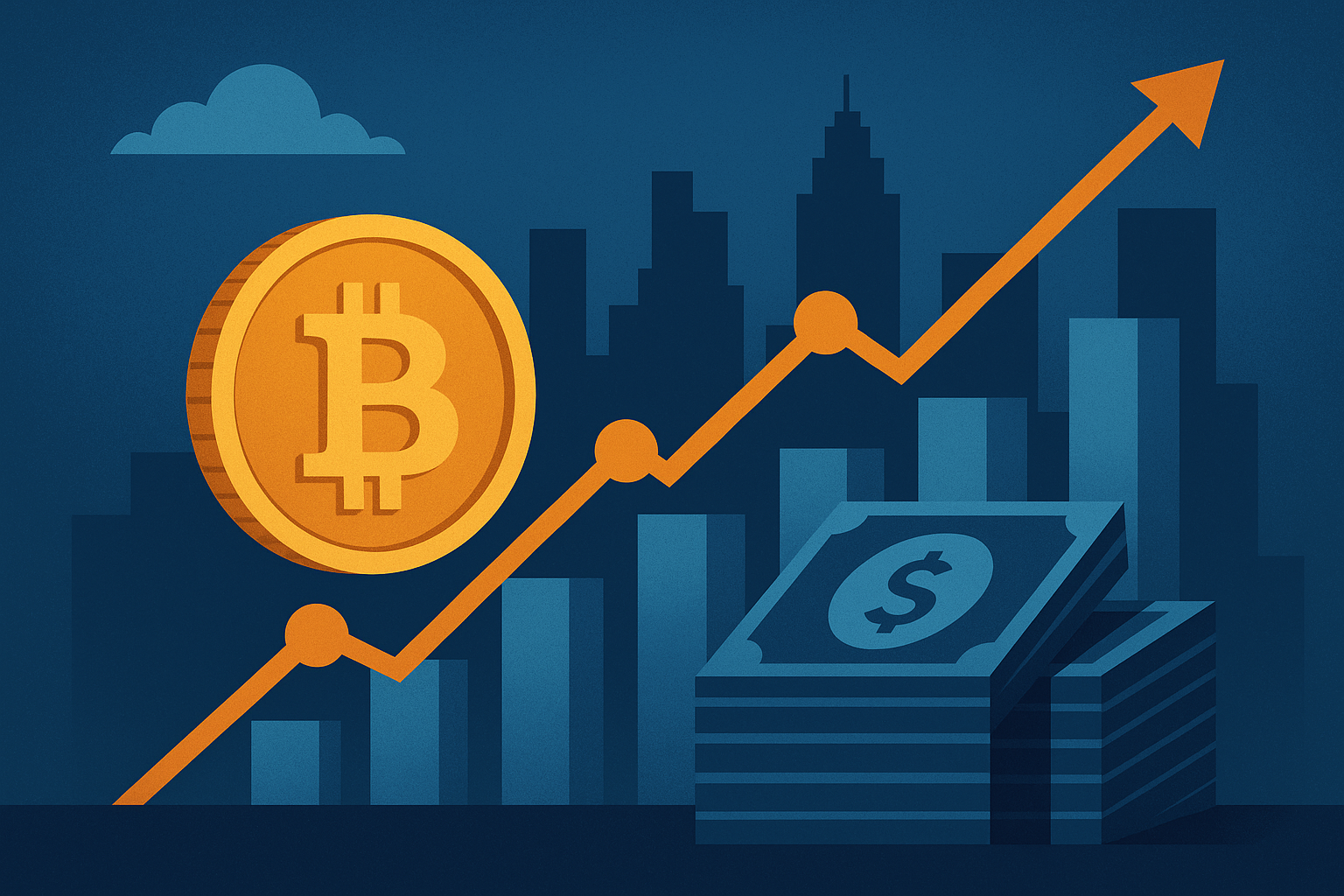 Illustration of a golden Bitcoin coin with an upward-trending graph, city skyline, bar charts, and stacked banknotes symbolizing financial growth.