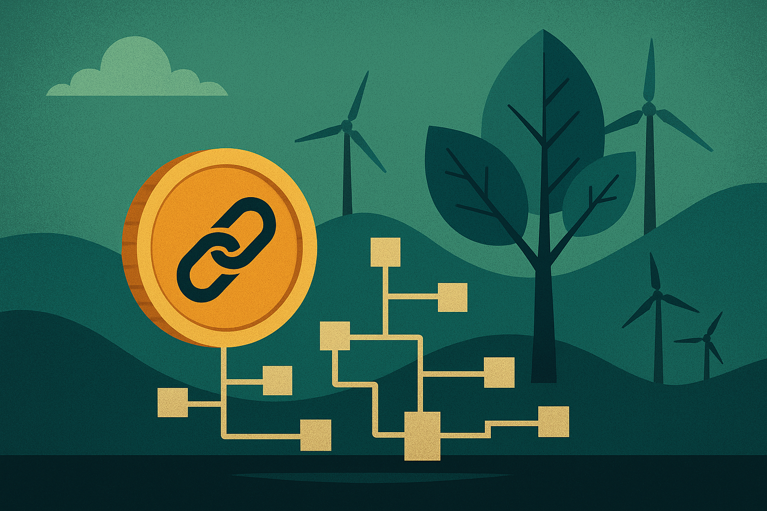 A digital illustration of a blockchain coin connected to a network of blocks, set against a green landscape with trees and wind turbines.