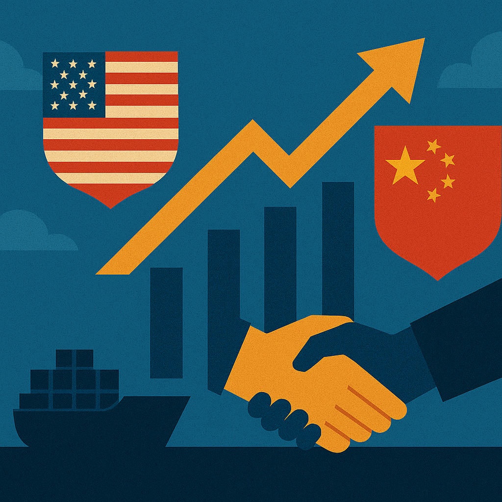 Digital illustration of U.S. and China flags, handshake, cargo ship, bar chart, and upward arrow symbolizing improved trade relations and market growth.