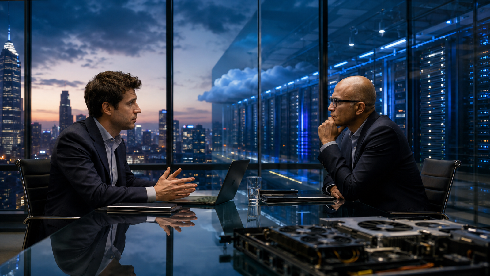 Two business executives sit across from each other in a glass-walled conference room at dusk, with a city skyline on one side and a glowing data center reflected on the other.