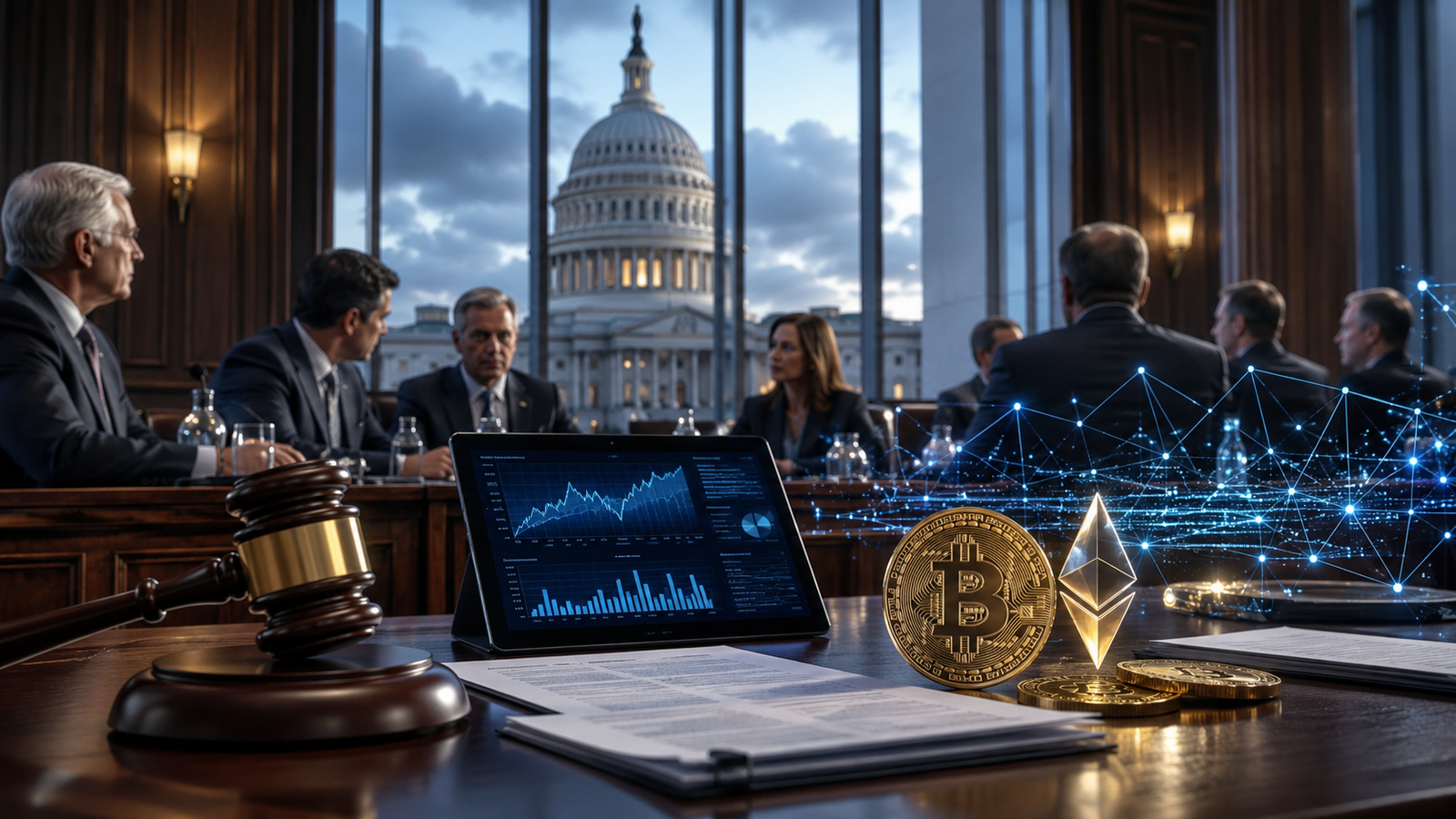 A formal Senate-style hearing room with the U.S. Capitol visible through tall windows, a gavel, financial charts, cryptocurrency tokens, and a glowing blockchain network symbolizing digital asset regulation.