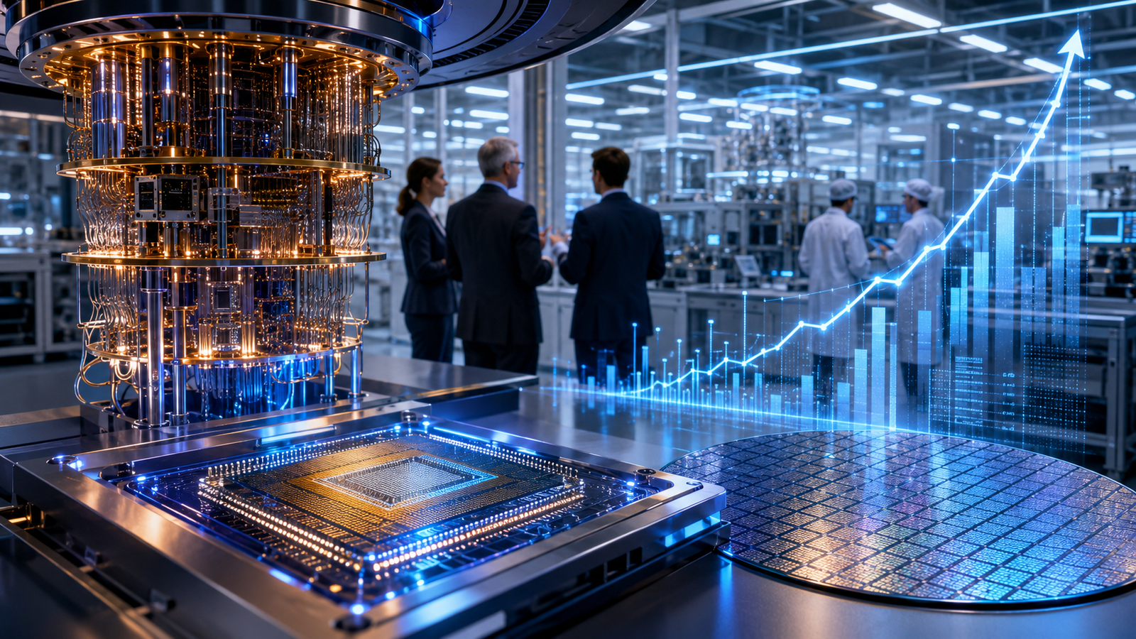 A photorealistic quantum computing lab with a glowing cryogenic processor, semiconductor wafer, executives, engineers, and a rising holographic market chart symbolizing investor momentum.