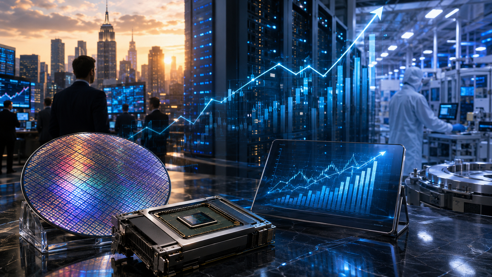 A photorealistic financial technology scene showing a semiconductor wafer, AI chip hardware, glowing upward market charts, city skyline, trading floor, data center, and cleanroom engineer.