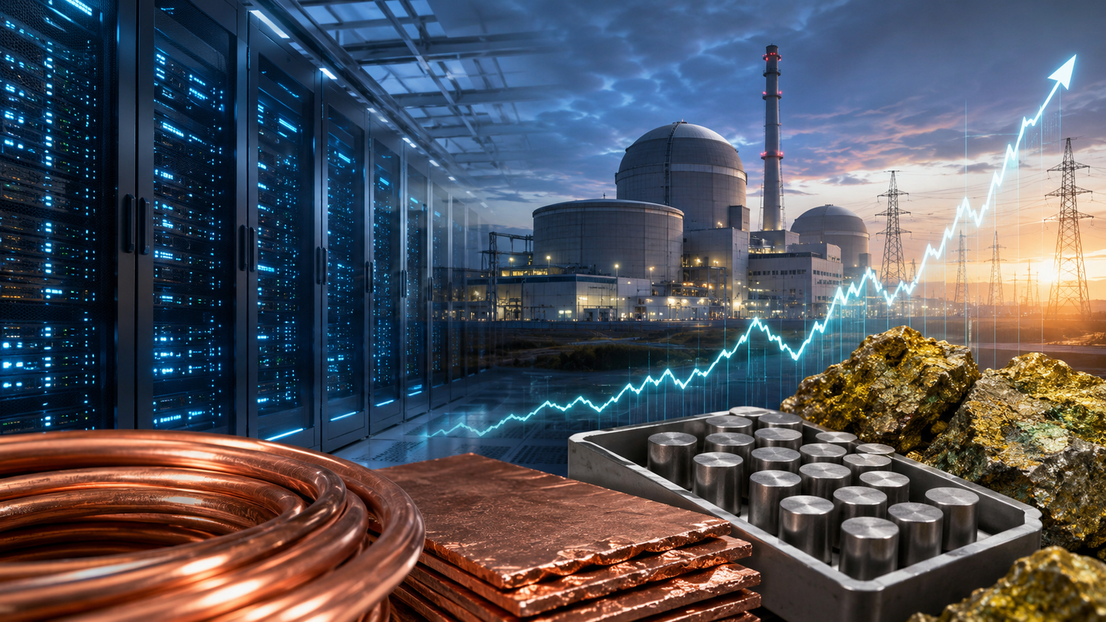 A photorealistic industrial scene showing blue-lit data center servers, a nuclear power facility, transmission lines, copper coils, copper plates, uranium-like fuel pellets, mineral ore, and a glowing upward market chart.