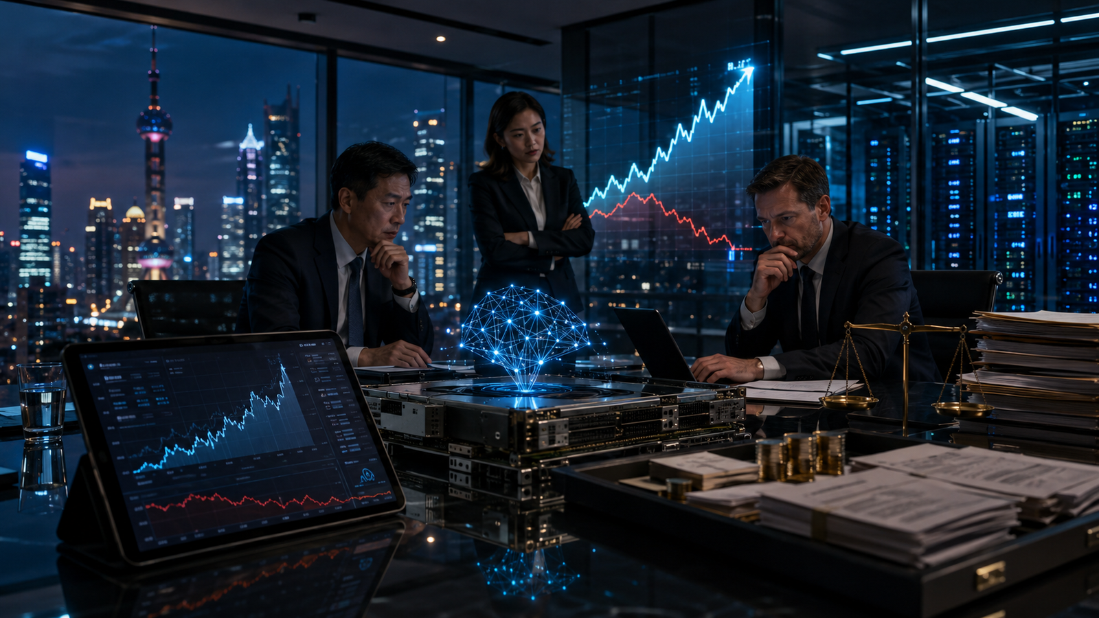 A photorealistic boardroom scene with executives analyzing AI infrastructure, glowing financial charts, server hardware, a holographic neural network, stacks of documents, coins, and balance scales.