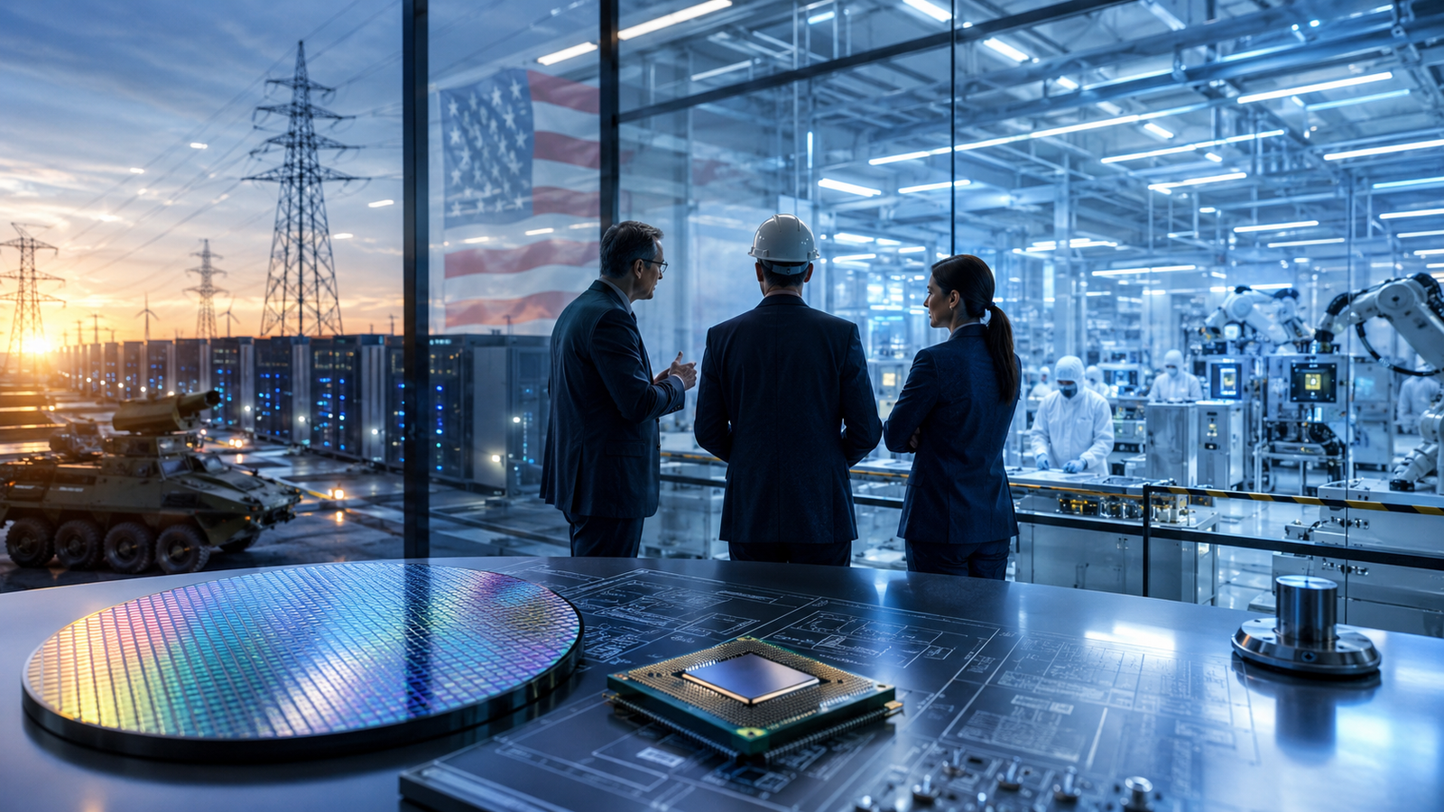 A photorealistic semiconductor manufacturing facility with executives and engineers overlooking a cleanroom, silicon wafer, advanced chip package, technical schematics, power grid infrastructure, data center equipment, and a subtle American flag reflection.