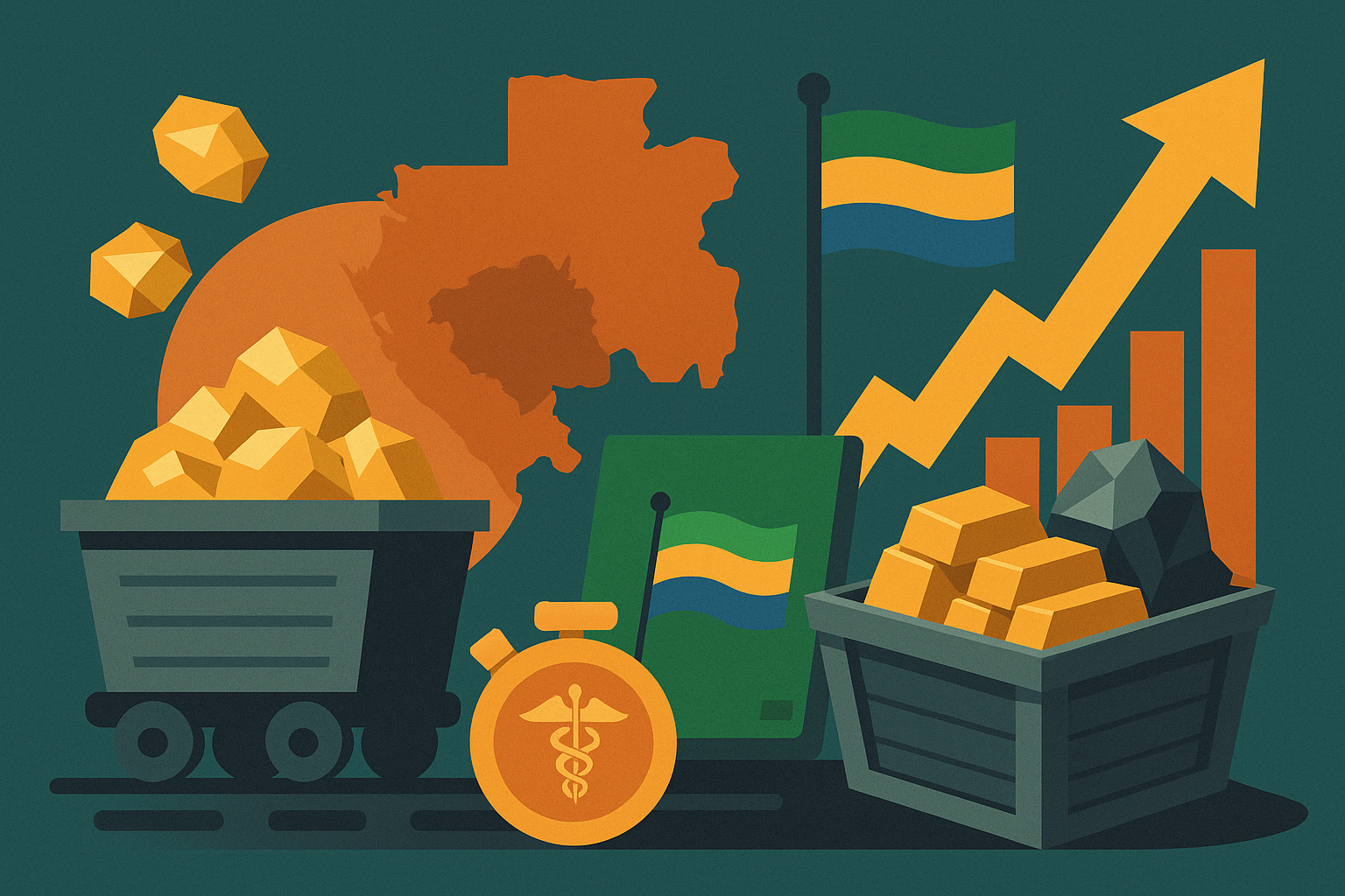 Illustration showing Gabon's mining sector with gold carts, investment symbols, and an upward graph, symbolizing economic growth and foreign investment.