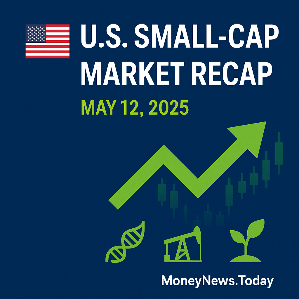 Graphic titled 'U.S. Small-Cap Market Recap – May 12, 2025' featuring a green upward arrow, candlestick chart, and icons of a DNA strand, oil rig, and plant on a dark blue background.