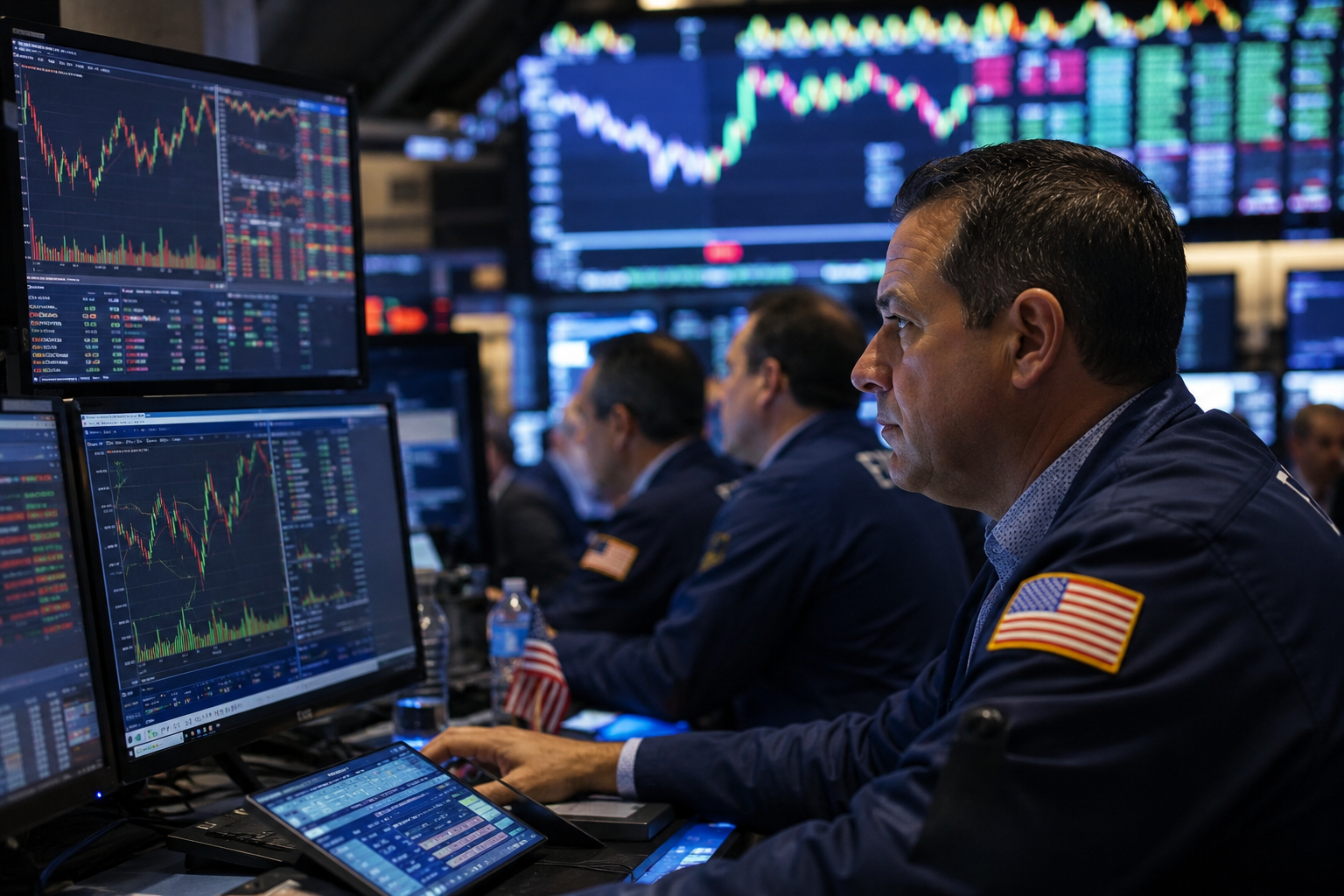Traders on a busy stock exchange floor monitor market charts and data screens as U.S. equities react to semiconductor strength and inflation expectations.
