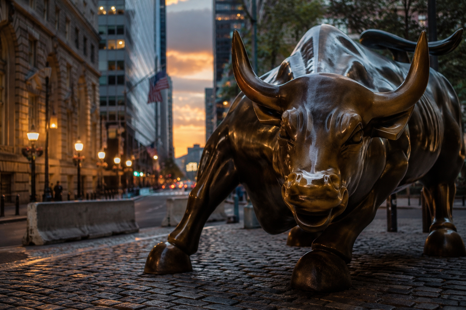 A bronze bull statue stands on a city street at sunset, symbolizing stock market strength and investor optimism.