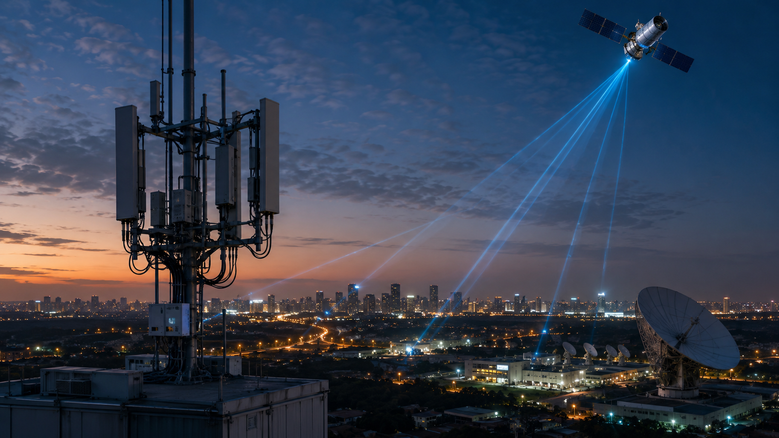 A telecom tower, satellite, and ground communication dishes transmit signals over a city skyline at dusk, symbolizing spectrum sales, 5G expansion, and satellite-to-cell connectivity.