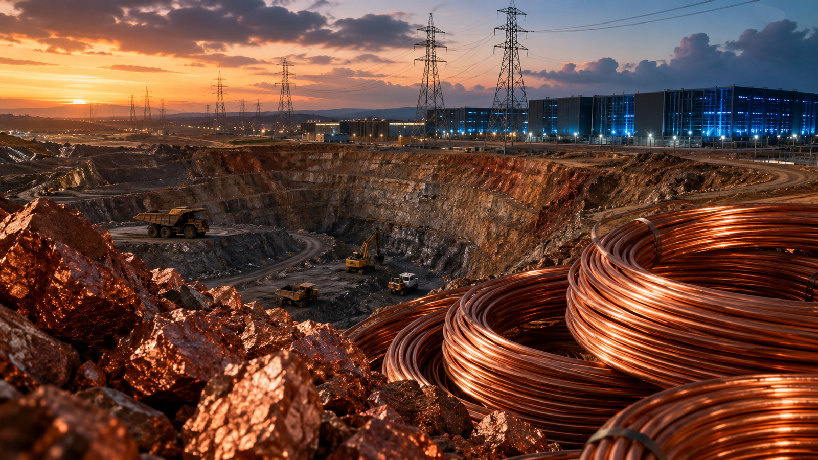 An open-pit copper mine with copper wire coils, power lines, and data center buildings at sunset, symbolizing rising copper demand from AI infrastructure and grid expansion.