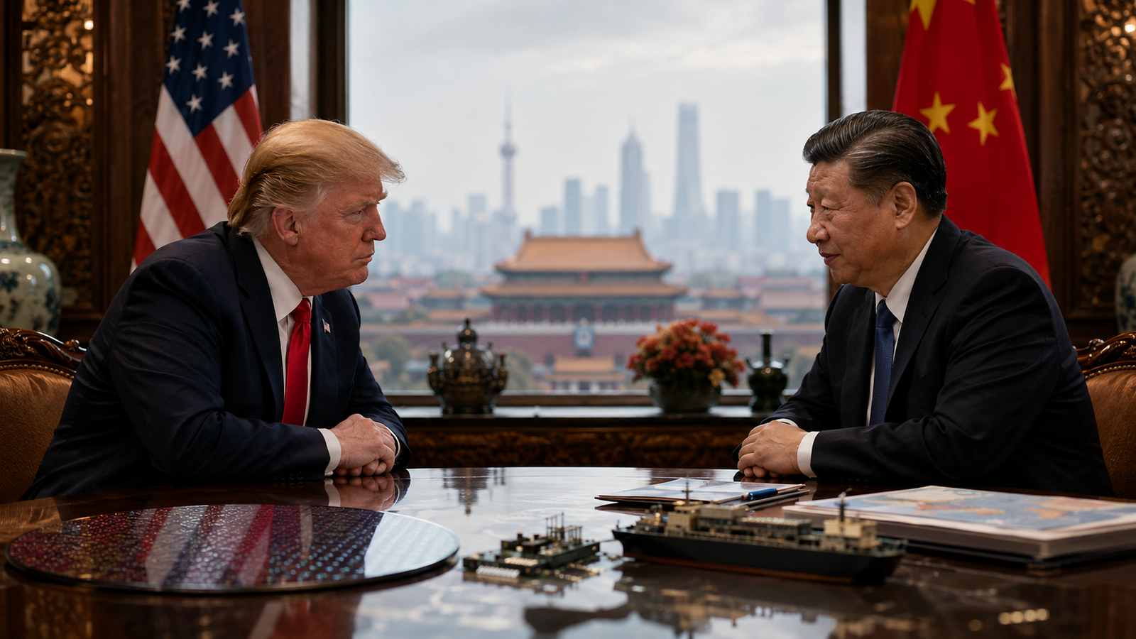 President Donald Trump and Chinese President Xi Jinping face each other across a polished conference table in Beijing, with U.S. and Chinese flags, a hazy skyline, semiconductor imagery, and global trade symbols suggesting high-stakes market negotiations.