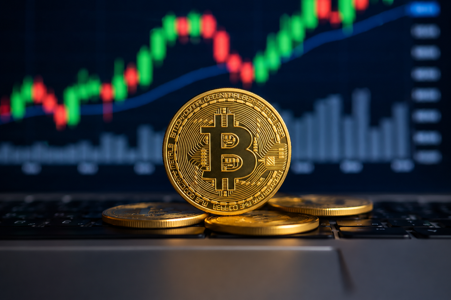 A gold Bitcoin coin sits on a laptop keyboard in front of blurred green and red market charts, symbolizing crypto price momentum and investor focus on Bitcoin.