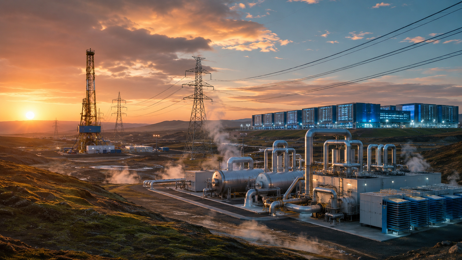 A geothermal energy facility with steam pipelines, drilling equipment, power lines, and data center buildings at sunset, symbolizing firm clean power for AI infrastructure.