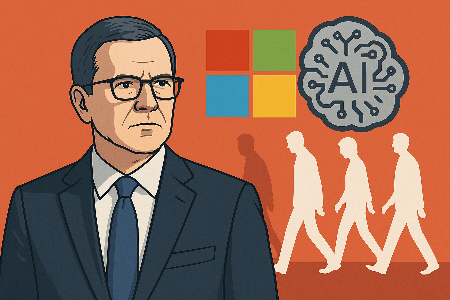 Illustration of a serious-looking businessman in a suit with the Microsoft logo and AI icon in the background, while three silhouetted figures walk away symbolizing job cuts.