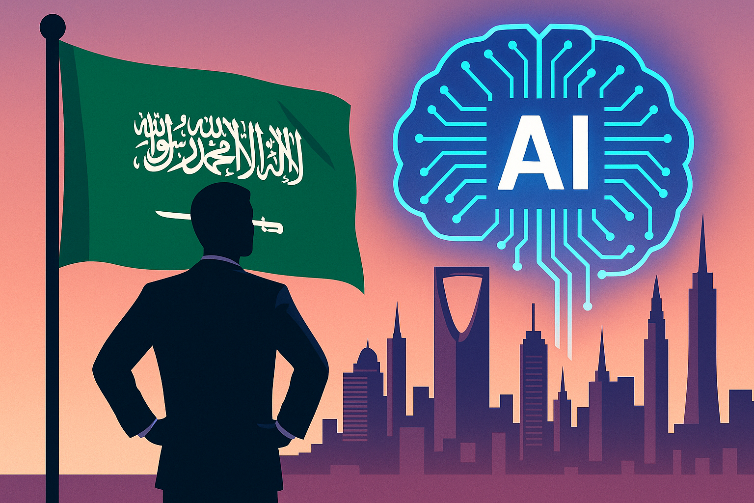 Illustration of a businessman standing in front of the Saudi Arabian flag and a digital AI brain graphic above a futuristic Riyadh cityscape.