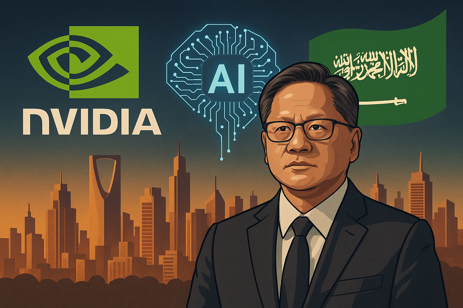 Illustration of NVIDIA CEO in front of Riyadh skyline with NVIDIA logo, AI chip graphic, and Saudi Arabian flag