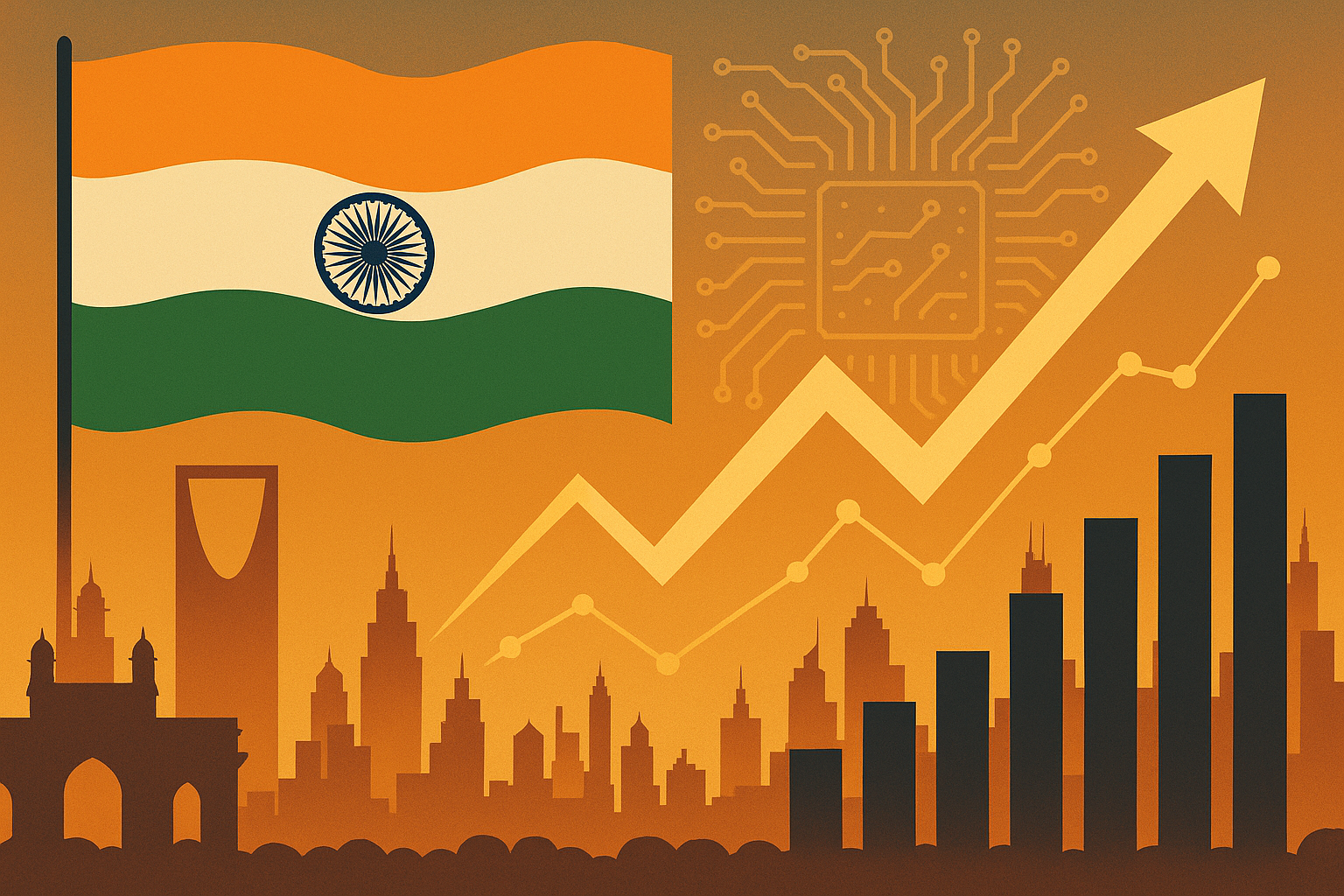 Illustration of the Indian flag with Mumbai skyline, rising bar chart, and upward financial arrow representing India's economic and stock market growth.